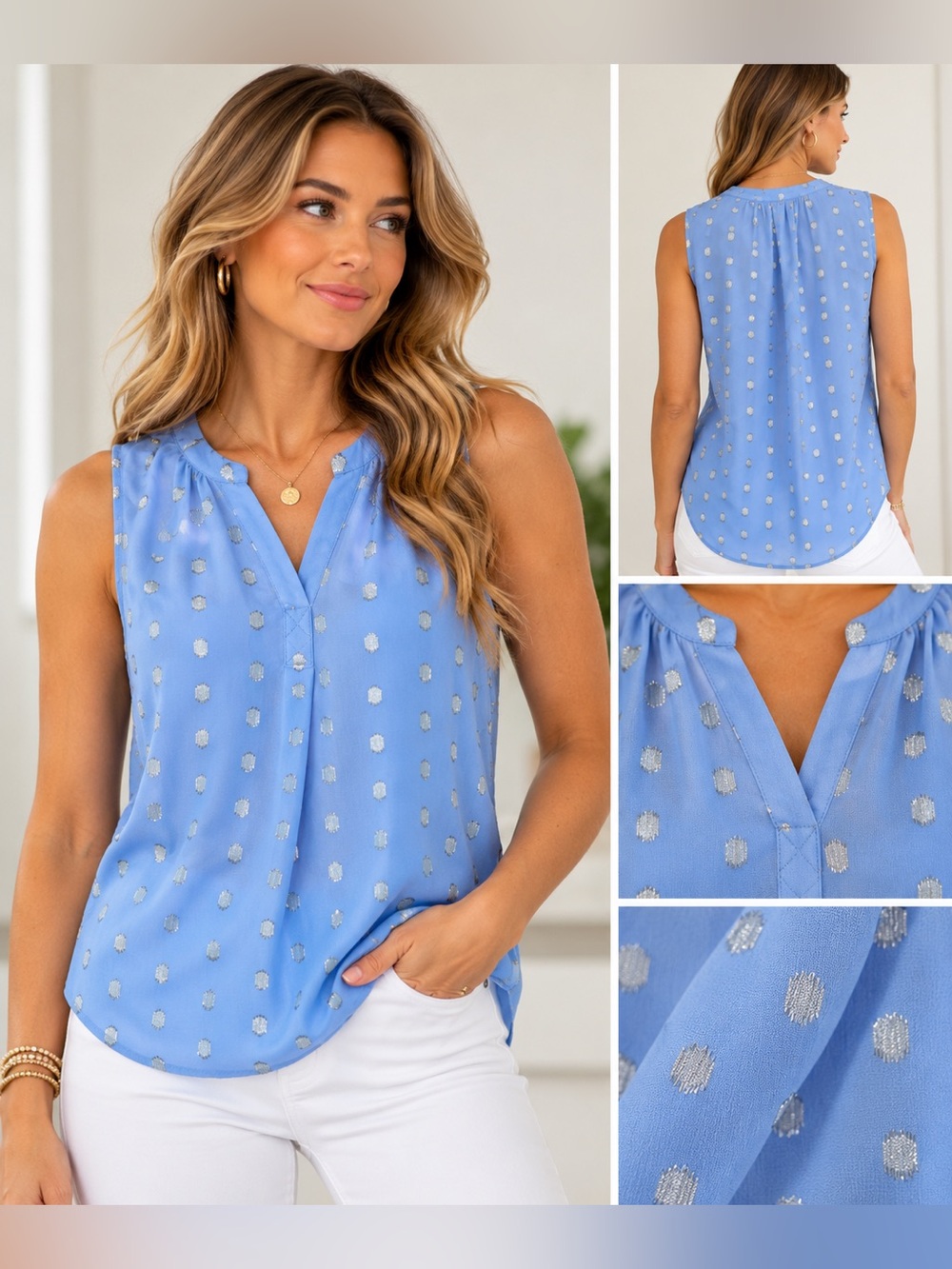 Crown & Ivy Blue Silver Metallic Dot Sleeveless Blouse Women’s Size Small